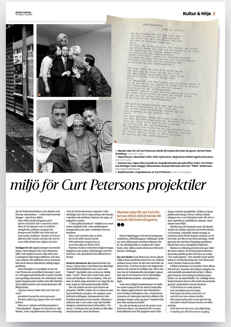 Andra sidan av essän i Borås Tidning 4 maj 2023, med repetitionsbilder från nyårsrevyn 1964 och Curt Petersons originalmanus Bakåframpåvänt.